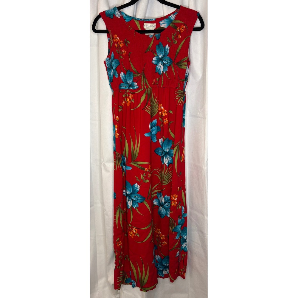 Vintage White Stag Tropical Floral Smocked Maxi Dress Red Resortwear Vacation